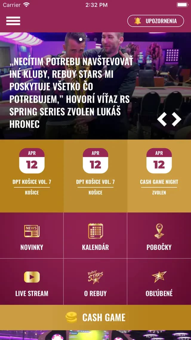 Oficiálna snímka aplikácie Rebuy Stars z App Store s kalendárom turnajov, pobočkami a live streamom.