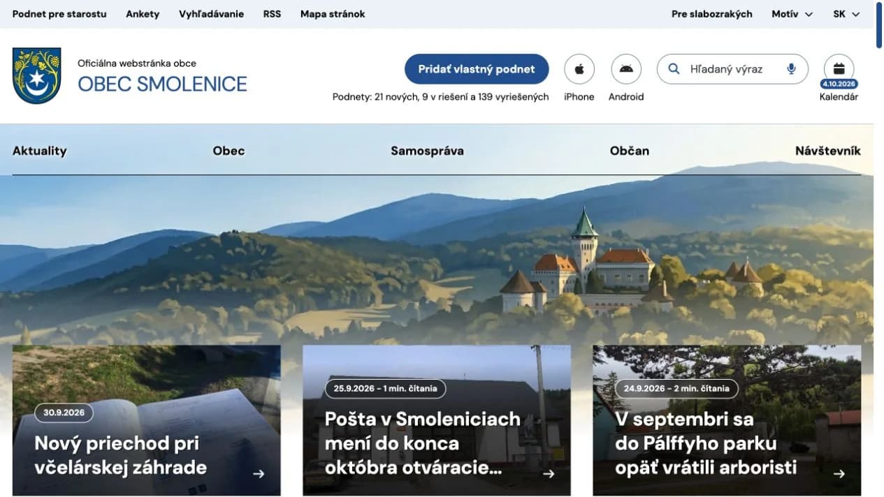 Ukážka verejného webu Obec Smolenice